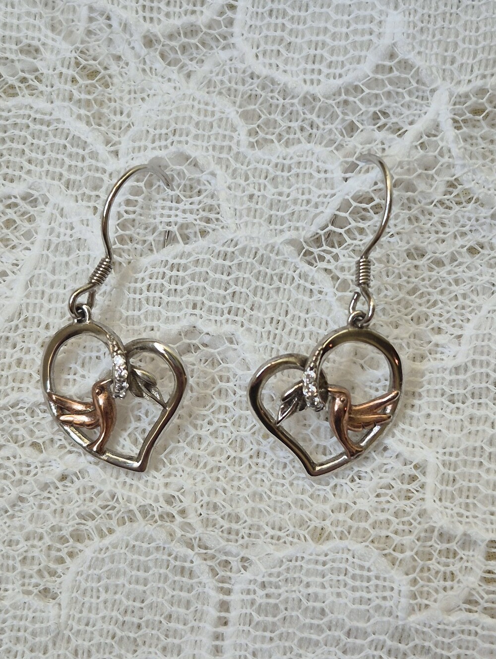 Two-Tone Heart & Bird Drop Earrings - Silver Tone and Rose Gold Tone